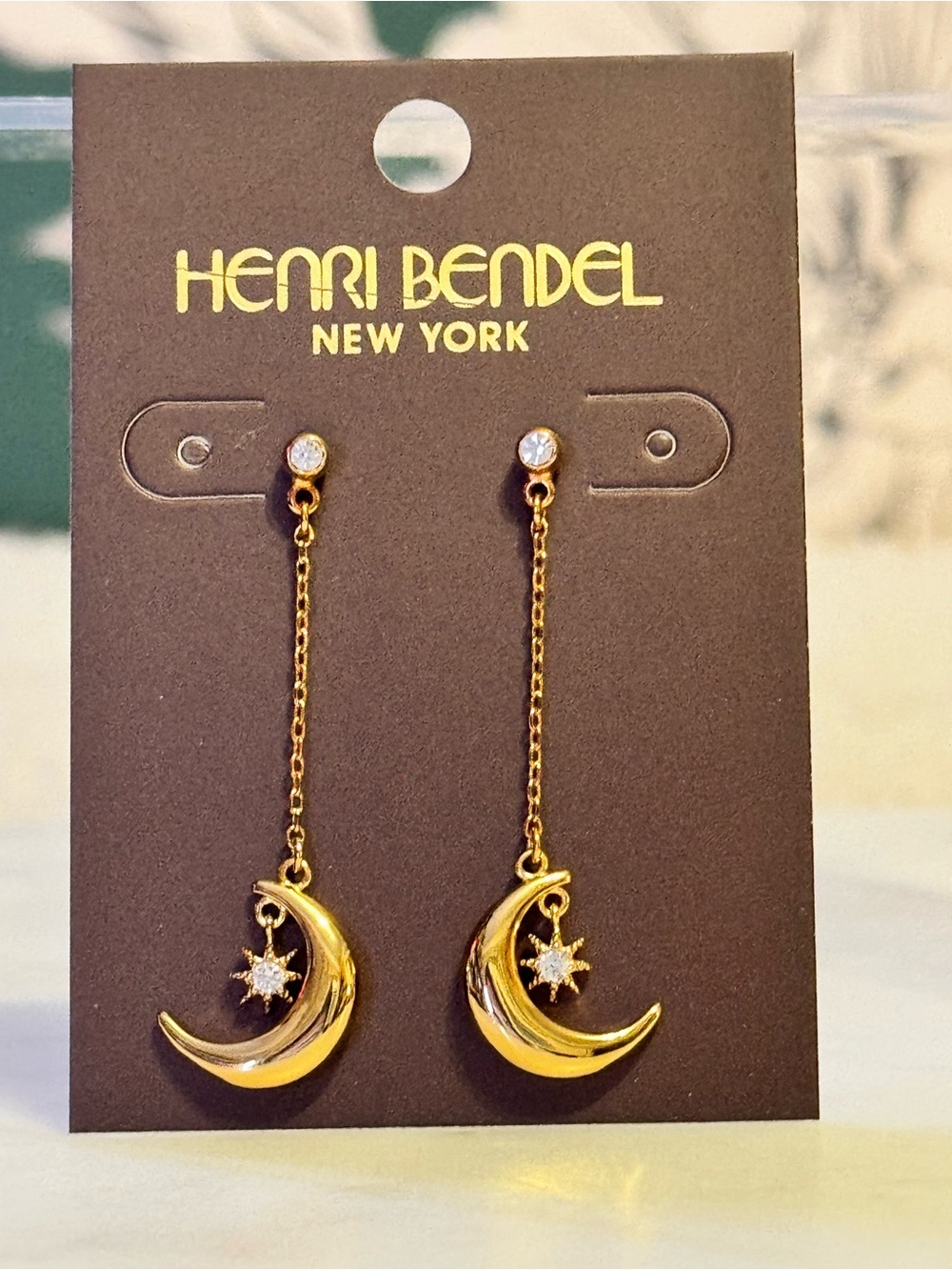 henri bendel Gold Crescent Moon & Star Drop Earrings NEW